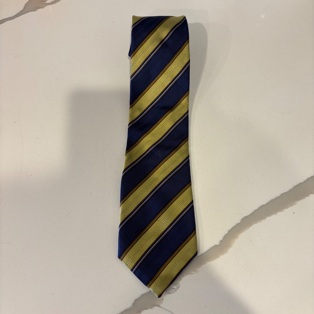 Canali Mens Silk Necktie Navy Blue Gold Striped Made in Italy Formal Business